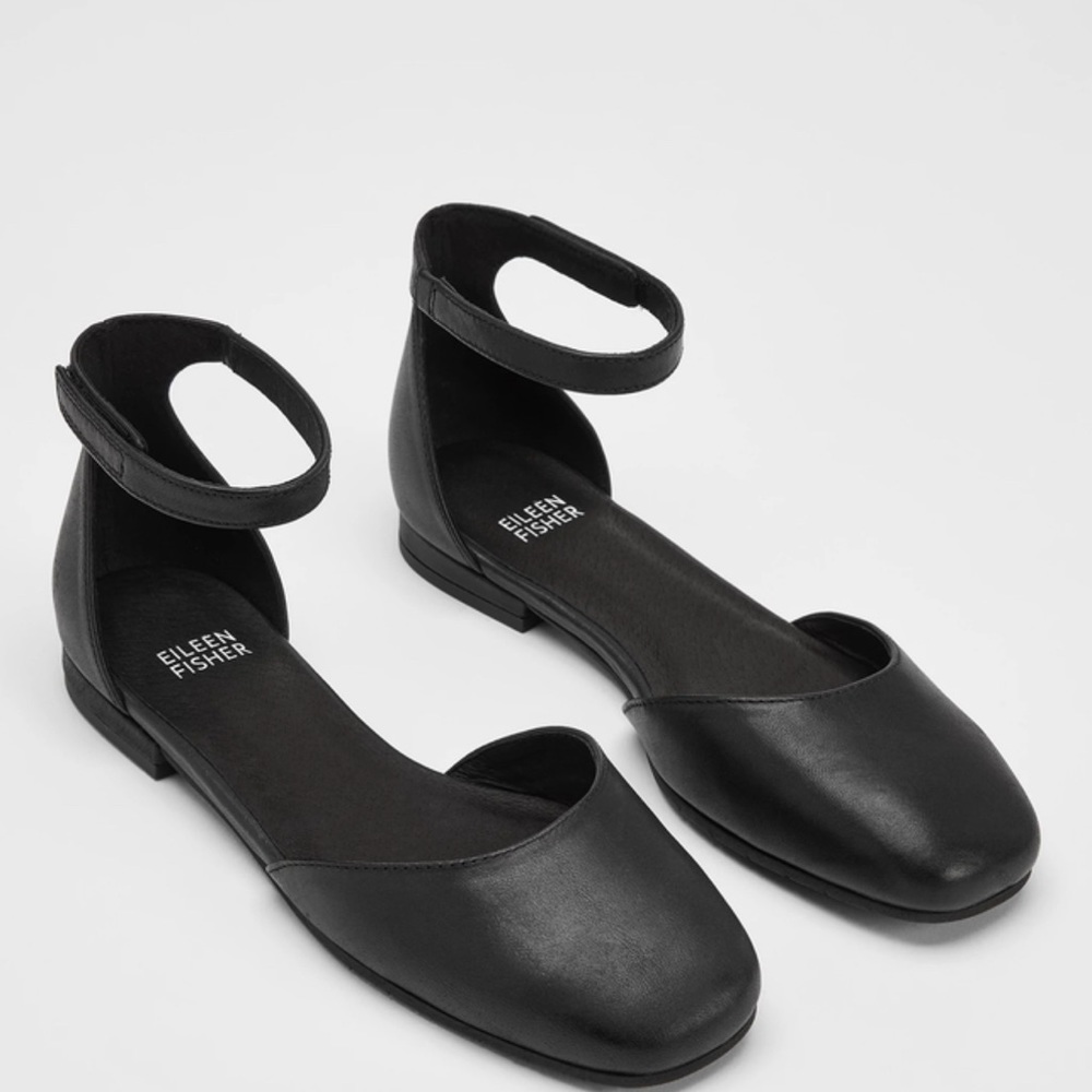 Eileen Fisher Black Leather Ankle Strap Flat